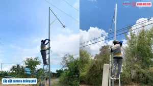 Kỹ thuật viên Viễn Thông Bình An lắp camera đường phố ngoài trời tại Trà Vinh, phù hợp giám sát tuyến đường, khu dân cư, cổng ra vào và khu vực công cộng.