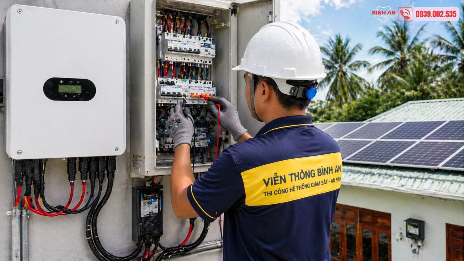 Kỹ thuật viên kiểm tra inverter hệ thống điện mặt trời sử dụng tấm pin Canadian Solar