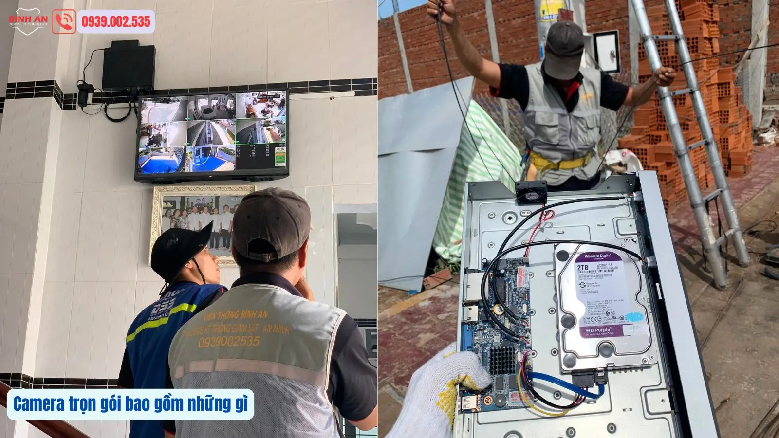 Kỹ thuật viên thi công đi dây và lắp đặt hệ thống camera trọn gói trong nhà tại Trà Vinh